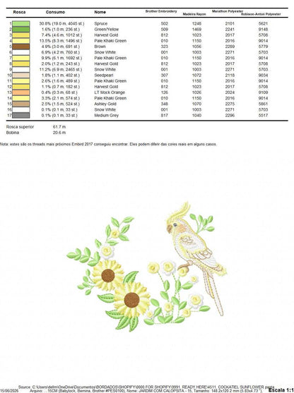 Cockatiel embroidery design - Baby Bird with sunflowers machine embroidery pattern - Cockateel Nymphicus hollandicus - Instant digital download pes jef dst - Marcia Embroidery