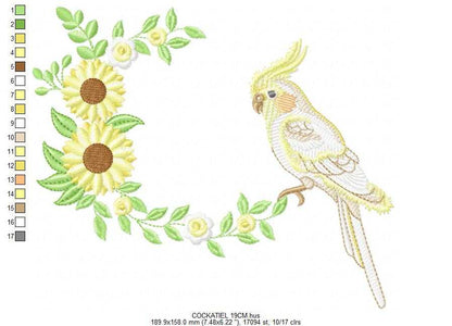 Cockatiel embroidery design - Baby Bird with sunflowers machine embroidery pattern - Cockateel Nymphicus hollandicus - Instant digital download pes jef dst - Marcia Embroidery