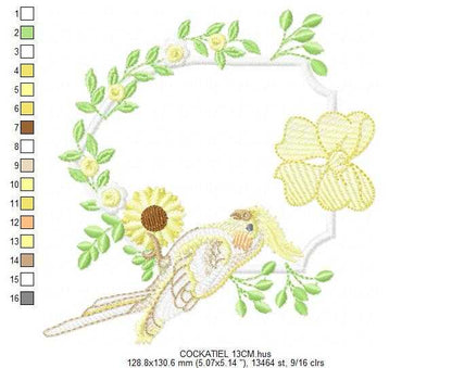 Cockatiel embroidery design - Baby Bird with sunflowers machine embroidery pattern - Cockateel Nymphicus hollandicus - Instant digital download pes jef dst - Marcia Embroidery