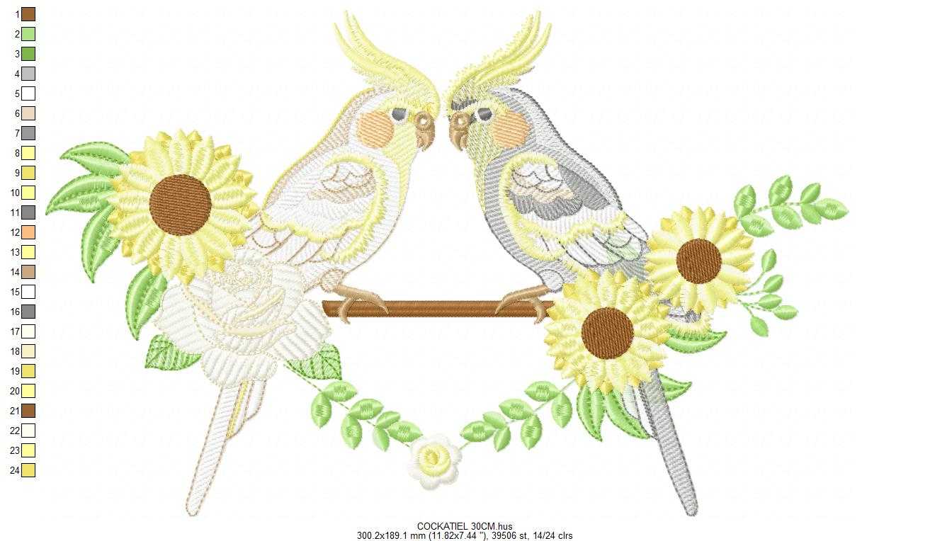 Cockatiel embroidery design - Baby Bird with sunflowers machine embroidery pattern - Cockateel Nymphicus hollandicus - Instant digital download pes jef dst - Marcia Embroidery