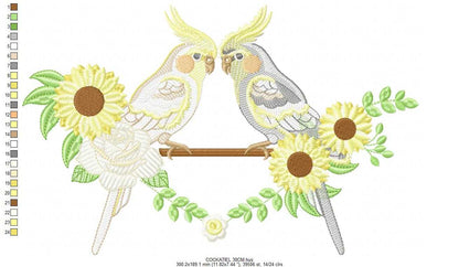 Cockatiel embroidery design - Baby Bird with sunflowers machine embroidery pattern - Cockateel Nymphicus hollandicus - Instant digital download pes jef dst - Marcia Embroidery