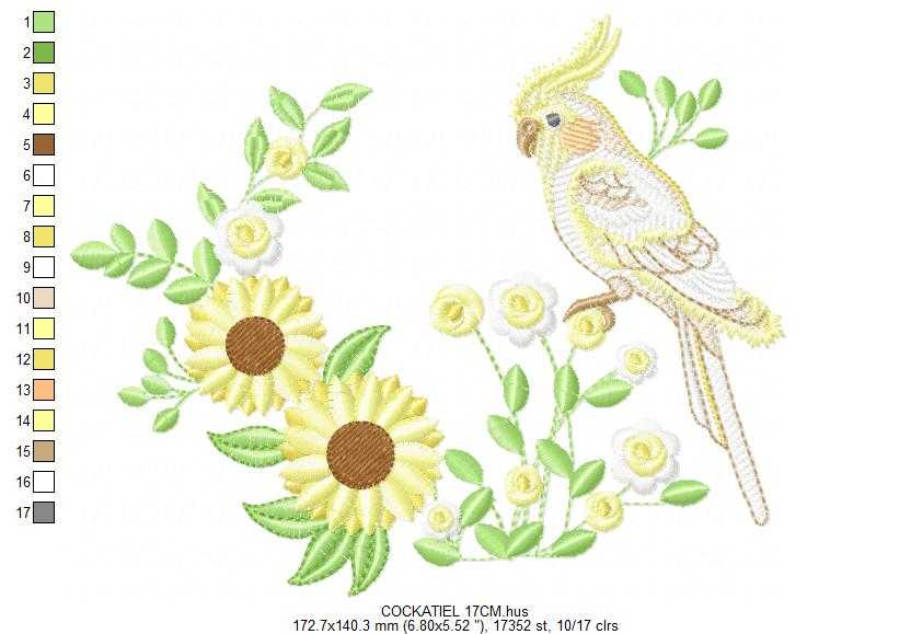 Cockatiel embroidery design - Baby Bird with sunflowers machine embroidery pattern - Cockateel Nymphicus hollandicus - Instant digital download pes jef dst - Marcia Embroidery