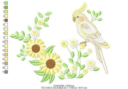 Cockatiel embroidery design - Baby Bird with sunflowers machine embroidery pattern - Cockateel Nymphicus hollandicus - Instant digital download pes jef dst - Marcia Embroidery