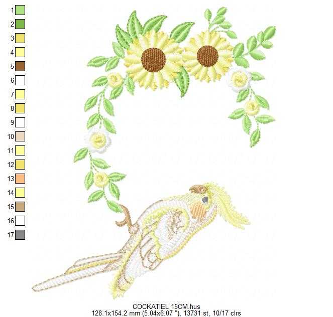 Cockatiel embroidery design - Baby Bird with sunflowers machine embroidery pattern - Cockateel Nymphicus hollandicus - Instant digital download pes jef dst - Marcia Embroidery