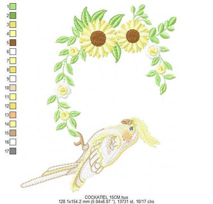 Cockatiel embroidery design - Baby Bird with sunflowers machine embroidery pattern - Cockateel Nymphicus hollandicus - Instant digital download pes jef dst - Marcia Embroidery