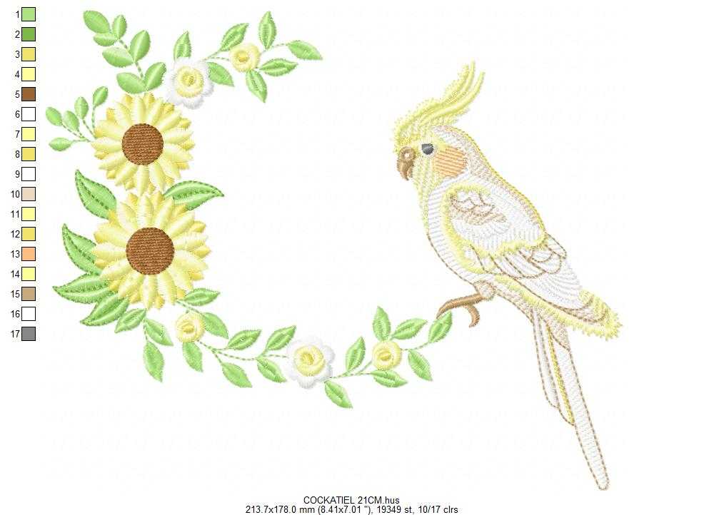 Cockatiel embroidery design - Baby Bird with sunflowers machine embroidery pattern - Cockateel Nymphicus hollandicus - Instant digital download pes jef dst - Marcia Embroidery