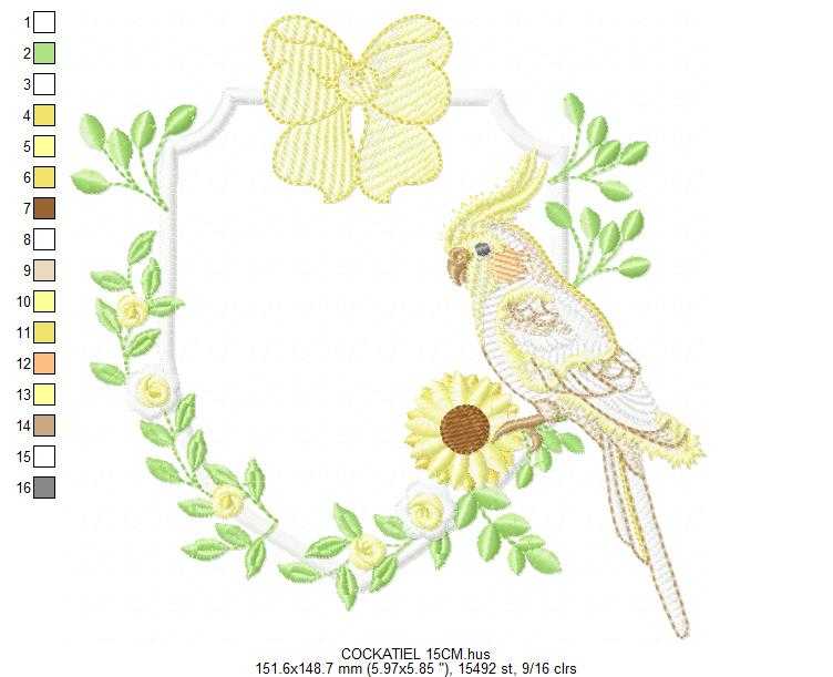 Cockatiel embroidery design - Baby Bird with sunflowers machine embroidery pattern - Cockateel Nymphicus hollandicus - Instant digital download pes jef dst - Marcia Embroidery