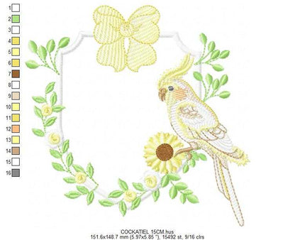 Cockatiel embroidery design - Baby Bird with sunflowers machine embroidery pattern - Cockateel Nymphicus hollandicus - Instant digital download pes jef dst - Marcia Embroidery