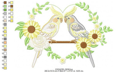 Cockatiel embroidery design - Baby Bird with sunflowers machine embroidery pattern - Cockateel Nymphicus hollandicus - Instant digital download pes jef dst - Marcia Embroidery