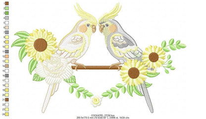 Cockatiel embroidery design - Baby Bird with sunflowers machine embroidery pattern - Cockateel Nymphicus hollandicus - Instant digital download pes jef dst - Marcia Embroidery