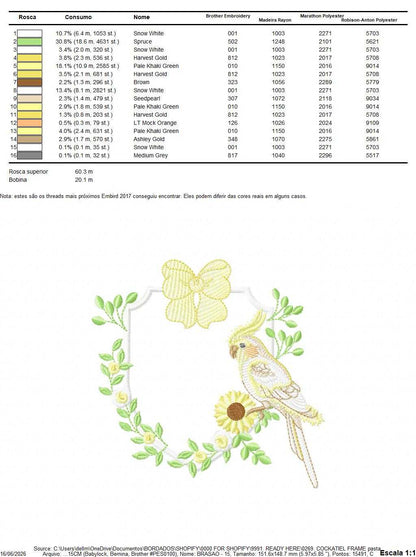 Cockatiel embroidery design - Baby Bird with sunflowers machine embroidery pattern - Cockateel Nymphicus hollandicus - Instant digital download pes jef dst - Marcia Embroidery