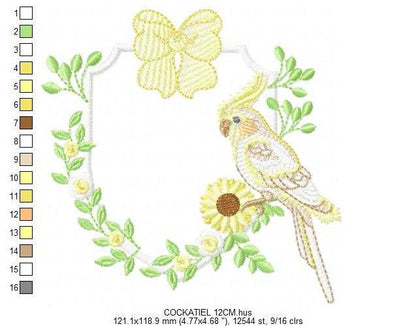 Cockatiel embroidery design - Baby Bird with sunflowers machine embroidery pattern - Cockateel Nymphicus hollandicus - Instant digital download pes jef dst - Marcia Embroidery