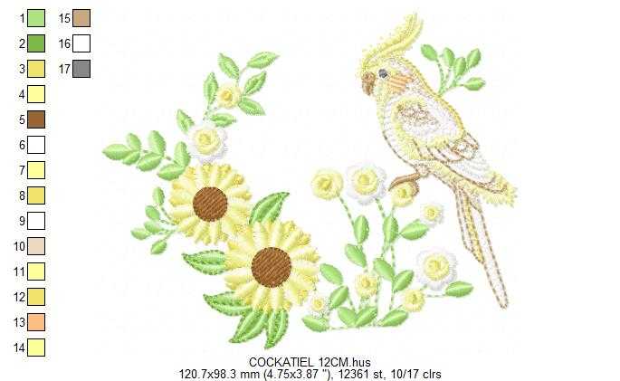 Cockatiel embroidery design - Baby Bird with sunflowers machine embroidery pattern - Cockateel Nymphicus hollandicus - Instant digital download pes jef dst - Marcia Embroidery