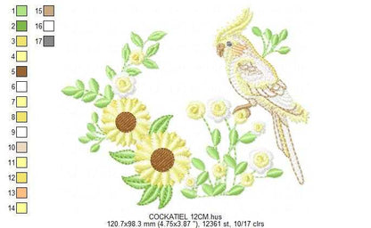 Cockatiel embroidery design - Baby Bird with sunflowers machine embroidery pattern - Cockateel Nymphicus hollandicus - Instant digital download pes jef dst - Marcia Embroidery