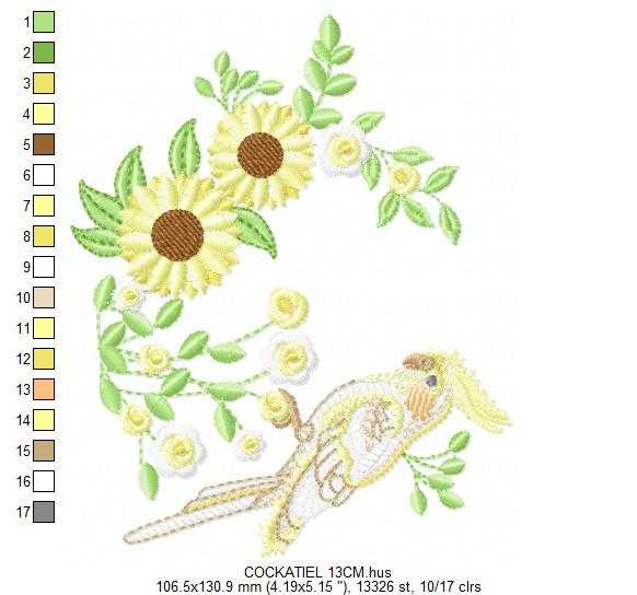 Cockatiel embroidery design - Baby Bird with sunflowers machine embroidery pattern - Cockateel Nymphicus hollandicus - Instant digital download pes jef dst - Marcia Embroidery