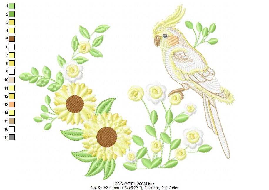 Cockatiel embroidery design - Baby Bird with sunflowers machine embroidery pattern - Cockateel Nymphicus hollandicus - Instant digital download pes jef dst - Marcia Embroidery