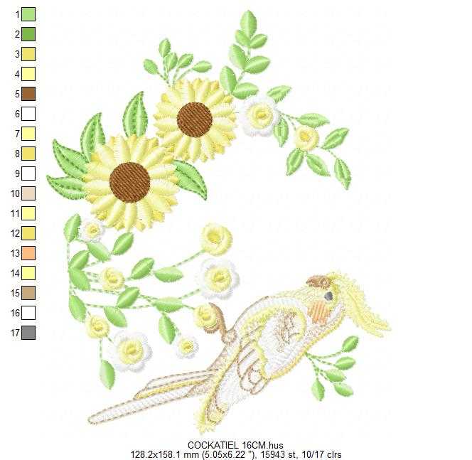 Cockatiel embroidery design - Baby Bird with sunflowers machine embroidery pattern - Cockateel Nymphicus hollandicus - Instant digital download pes jef dst - Marcia Embroidery