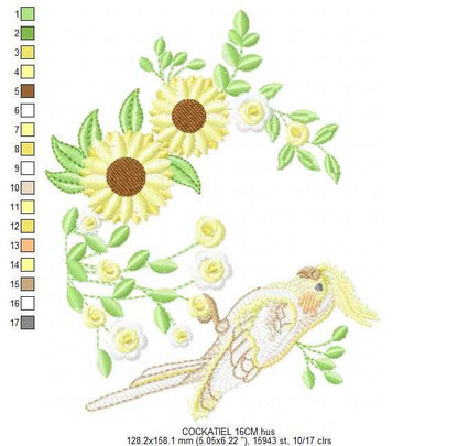 Cockatiel embroidery design - Baby Bird with sunflowers machine embroidery pattern - Cockateel Nymphicus hollandicus - Instant digital download pes jef dst - Marcia Embroidery