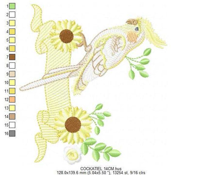 Cockatiel embroidery design - Baby Bird with sunflowers machine embroidery pattern - Cockateel Nymphicus hollandicus - Instant digital download pes jef dst - Marcia Embroidery