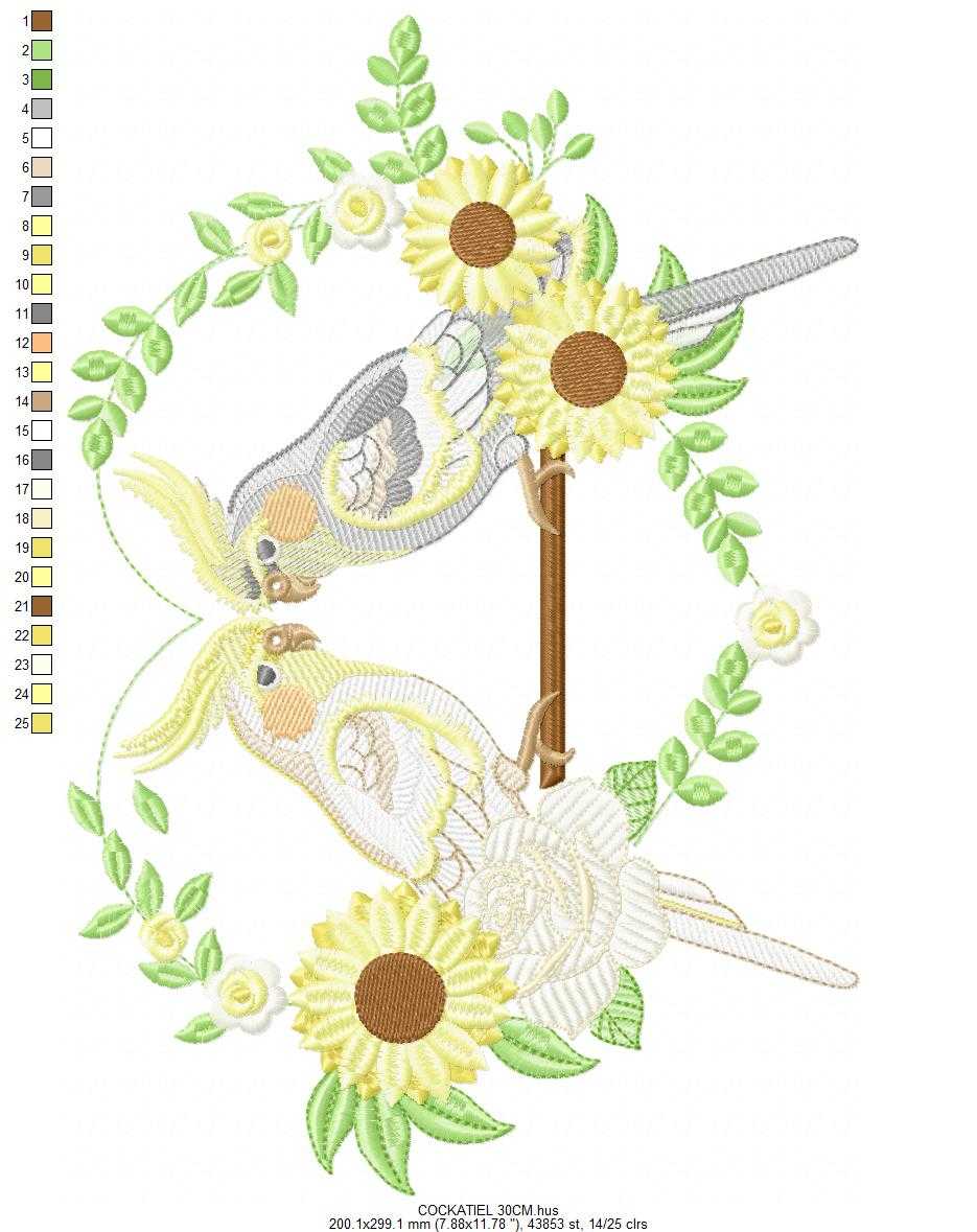 Cockatiel embroidery design - Baby Bird with sunflowers machine embroidery pattern - Cockateel Nymphicus hollandicus - Instant digital download pes jef dst - Marcia Embroidery