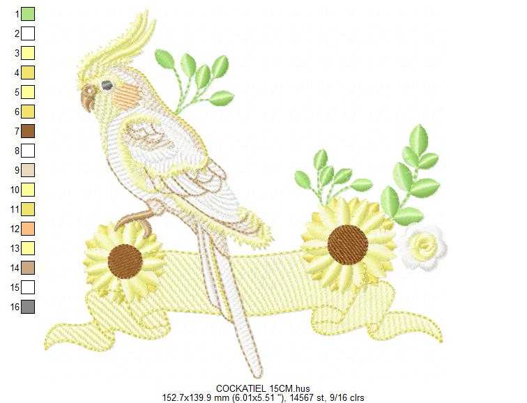 Cockatiel embroidery design - Baby Bird with sunflowers machine embroidery pattern - Cockateel Nymphicus hollandicus - Instant digital download pes jef dst - Marcia Embroidery