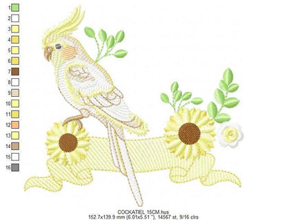 Cockatiel embroidery design - Baby Bird with sunflowers machine embroidery pattern - Cockateel Nymphicus hollandicus - Instant digital download pes jef dst - Marcia Embroidery
