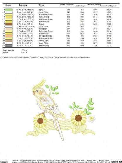 Cockatiel embroidery design - Baby Bird with sunflowers machine embroidery pattern - Cockateel Nymphicus hollandicus - Instant digital download pes jef dst - Marcia Embroidery