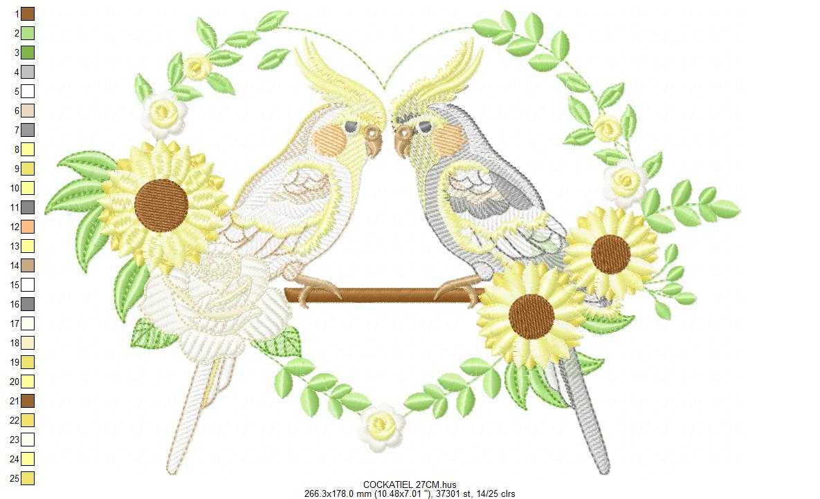 Cockatiel embroidery design - Baby Bird with sunflowers machine embroidery pattern - Cockateel Nymphicus hollandicus - Instant digital download pes jef dst - Marcia Embroidery