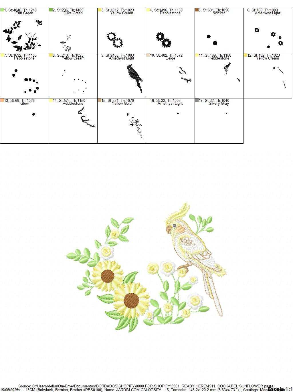 Cockatiel embroidery design - Baby Bird with sunflowers machine embroidery pattern - Cockateel Nymphicus hollandicus - Instant digital download pes jef dst - Marcia Embroidery