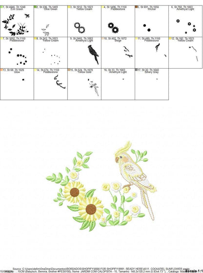 Cockatiel embroidery design - Baby Bird with sunflowers machine embroidery pattern - Cockateel Nymphicus hollandicus - Instant digital download pes jef dst - Marcia Embroidery