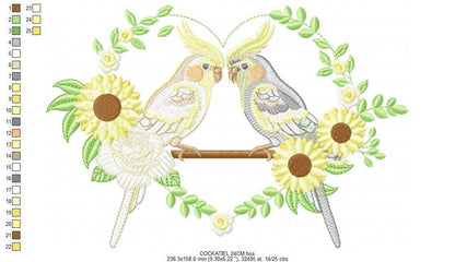 Cockatiel embroidery design - Baby Bird with sunflowers machine embroidery pattern - Cockateel Nymphicus hollandicus - Instant digital download pes jef dst - Marcia Embroidery