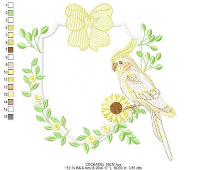 Cockatiel embroidery design - Baby Bird with sunflowers machine embroidery pattern - Cockateel Nymphicus hollandicus - Instant digital download pes jef dst - Marcia Embroidery