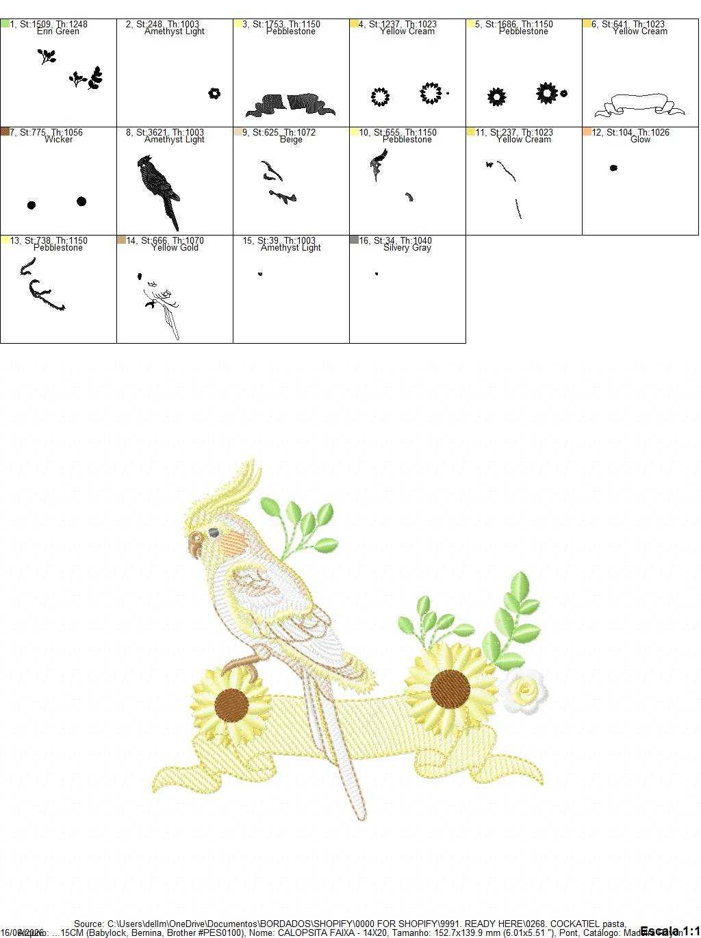 Cockatiel embroidery design - Baby Bird with sunflowers machine embroidery pattern - Cockateel Nymphicus hollandicus - Instant digital download pes jef dst - Marcia Embroidery