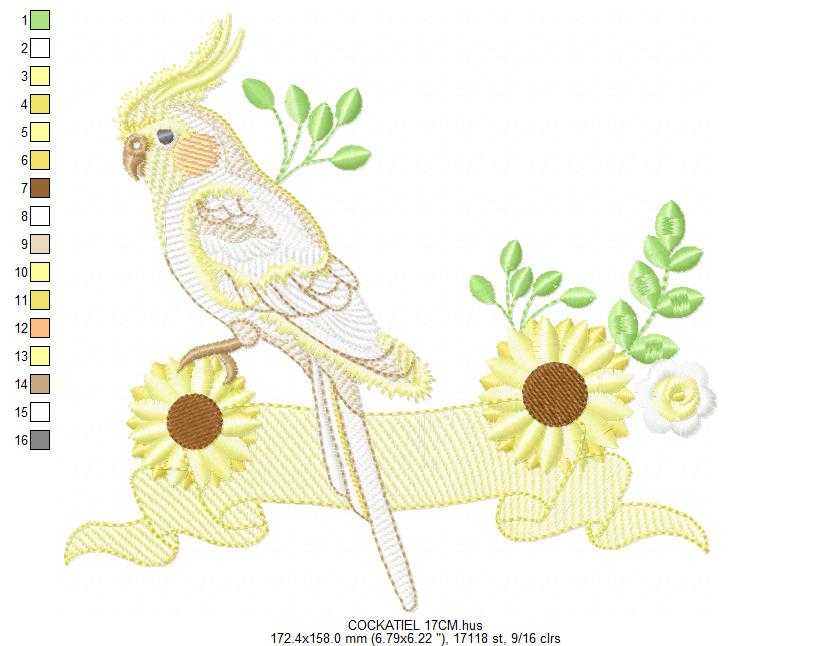 Cockatiel embroidery design - Baby Bird with sunflowers machine embroidery pattern - Cockateel Nymphicus hollandicus - Instant digital download pes jef dst - Marcia Embroidery