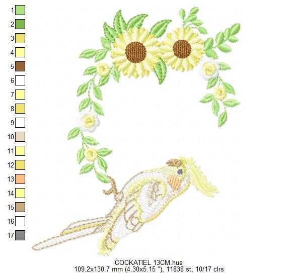 Cockatiel embroidery design - Baby Bird with sunflowers machine embroidery pattern - Cockateel Nymphicus hollandicus - Instant digital download pes jef dst - Marcia Embroidery