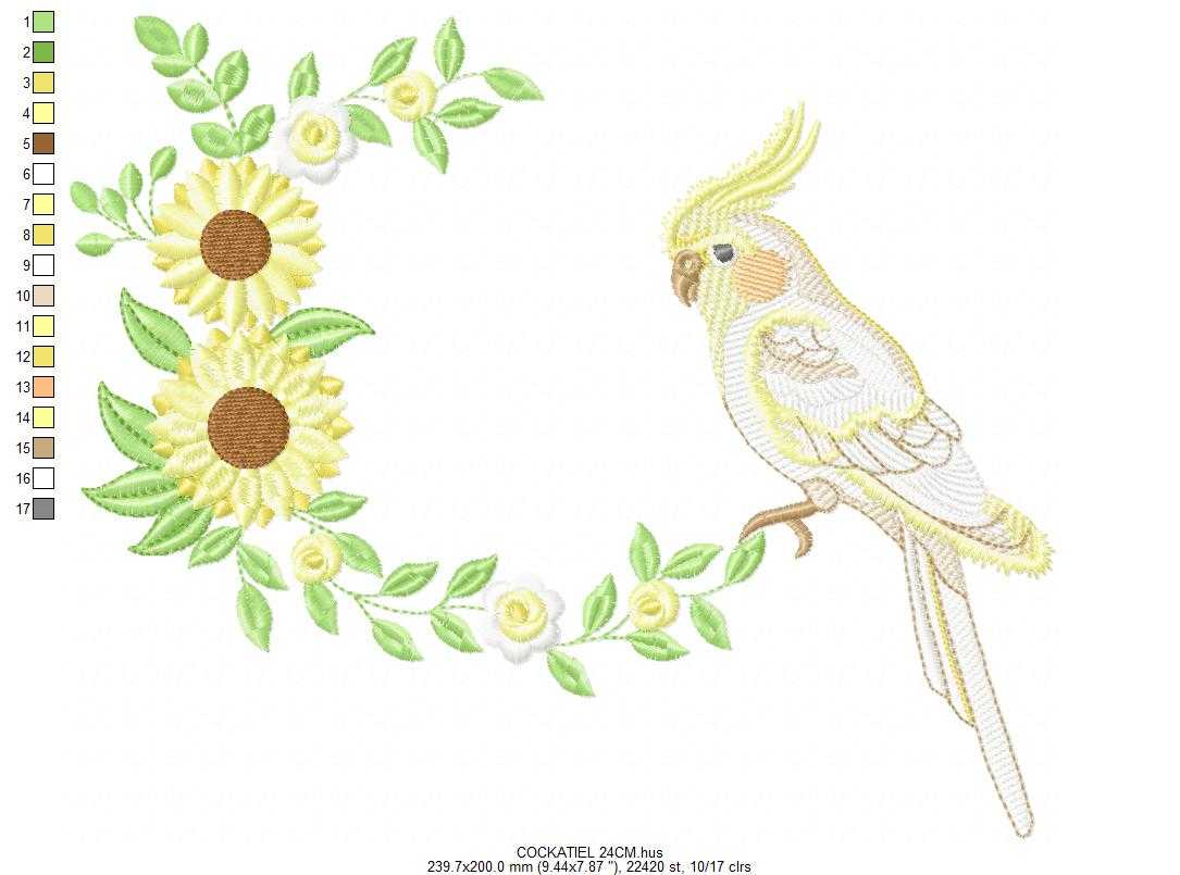 Cockatiel embroidery design - Baby Bird with sunflowers machine embroidery pattern - Cockateel Nymphicus hollandicus - Instant digital download pes jef dst - Marcia Embroidery
