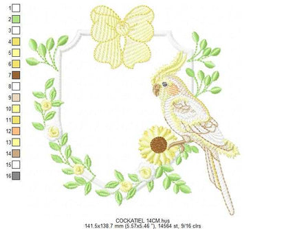 Cockatiel embroidery design - Baby Bird with sunflowers machine embroidery pattern - Cockateel Nymphicus hollandicus - Instant digital download pes jef dst - Marcia Embroidery