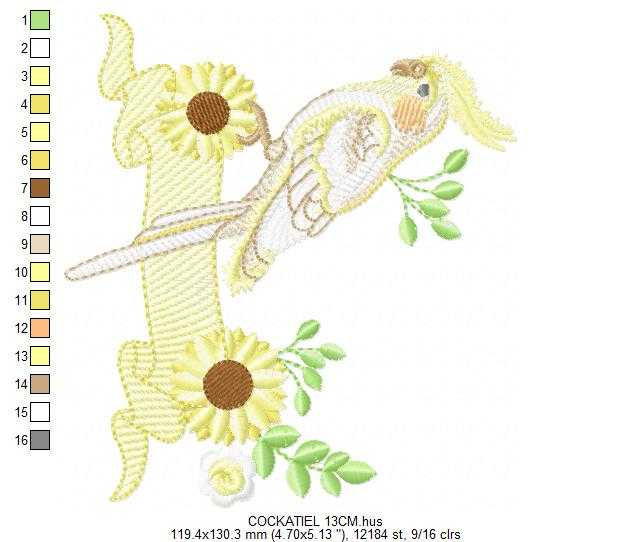 Cockatiel embroidery design - Baby Bird with sunflowers machine embroidery pattern - Cockateel Nymphicus hollandicus - Instant digital download pes jef dst - Marcia Embroidery