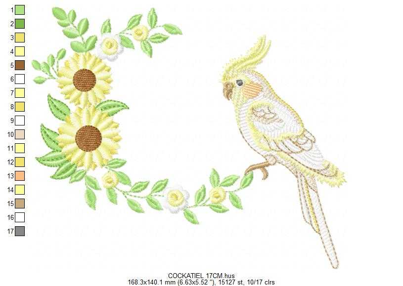 Cockatiel embroidery design - Baby Bird with sunflowers machine embroidery pattern - Cockateel Nymphicus hollandicus - Instant digital download pes jef dst - Marcia Embroidery