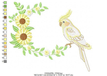 Cockatiel embroidery design - Baby Bird with sunflowers machine embroidery pattern - Cockateel Nymphicus hollandicus - Instant digital download pes jef dst - Marcia Embroidery