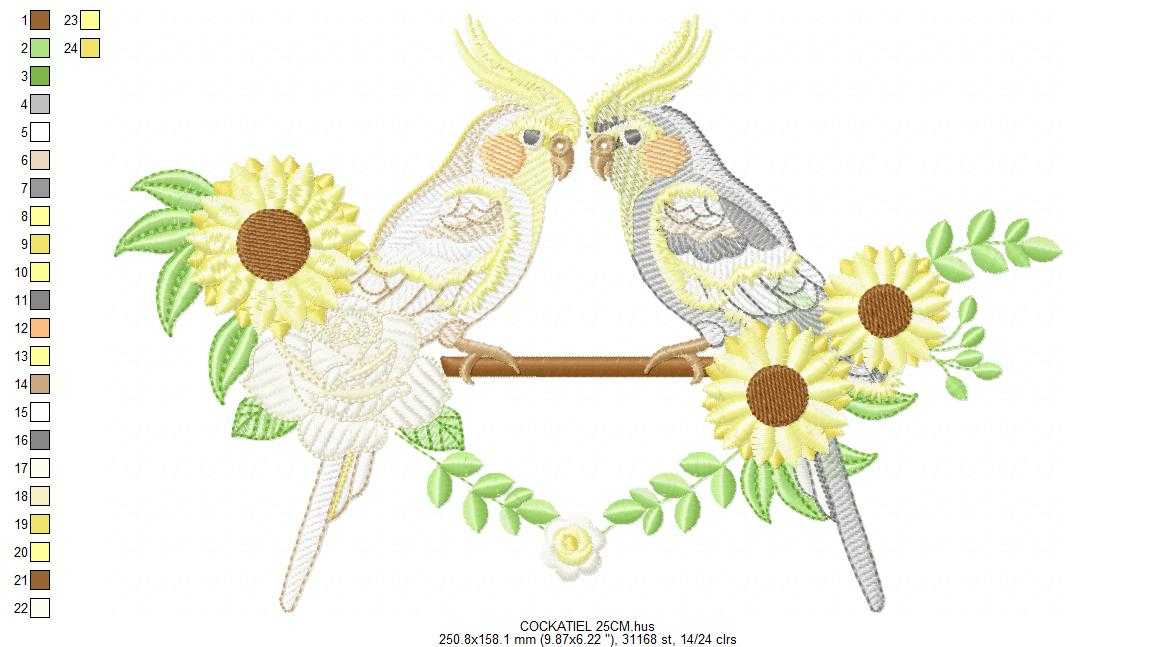 Cockatiel embroidery design - Baby Bird with sunflowers machine embroidery pattern - Cockateel Nymphicus hollandicus - Instant digital download pes jef dst - Marcia Embroidery