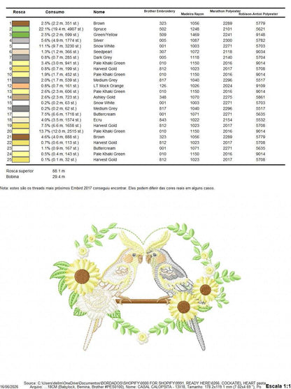 Cockatiel embroidery design - Baby Bird with sunflowers machine embroidery pattern - Cockateel Nymphicus hollandicus - Instant digital download pes jef dst - Marcia Embroidery