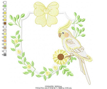Cockatiel embroidery design - Baby Bird with sunflowers machine embroidery pattern - Cockateel Nymphicus hollandicus - Instant digital download pes jef dst - Marcia Embroidery