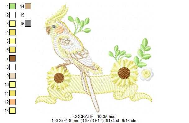Cockatiel embroidery design - Baby Bird with sunflowers machine embroidery pattern - Cockateel Nymphicus hollandicus - Instant digital download pes jef dst - Marcia Embroidery
