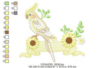 Cockatiel embroidery design - Baby Bird with sunflowers machine embroidery pattern - Cockateel Nymphicus hollandicus - Instant digital download pes jef dst - Marcia Embroidery