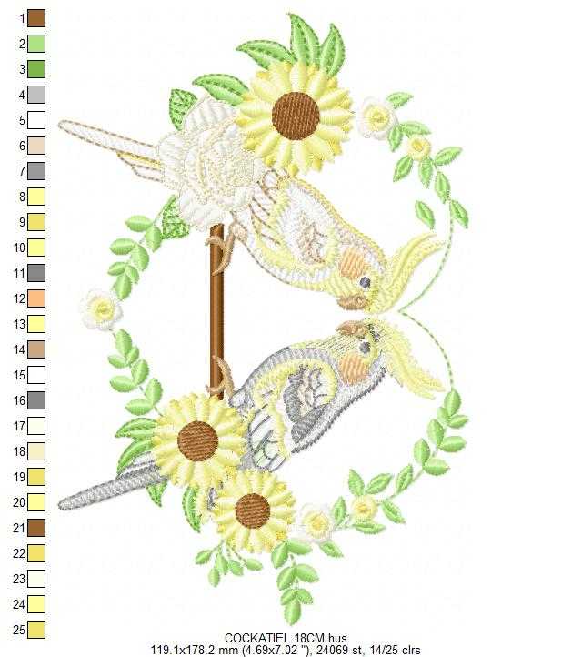 Cockatiel embroidery design - Baby Bird with sunflowers machine embroidery pattern - Cockateel Nymphicus hollandicus - Instant digital download pes jef dst - Marcia Embroidery