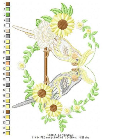 Cockatiel embroidery design - Baby Bird with sunflowers machine embroidery pattern - Cockateel Nymphicus hollandicus - Instant digital download pes jef dst - Marcia Embroidery