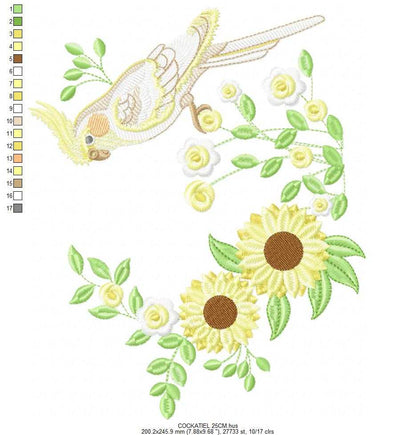Cockatiel embroidery design - Baby Bird with sunflowers machine embroidery pattern - Cockateel Nymphicus hollandicus - Instant digital download pes jef dst - Marcia Embroidery