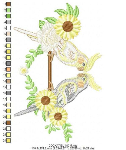 Cockatiel embroidery design - Baby Bird with sunflowers machine embroidery pattern - Cockateel Nymphicus hollandicus - Instant digital download pes jef dst - Marcia Embroidery