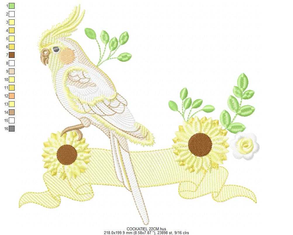 Cockatiel embroidery design - Baby Bird with sunflowers machine embroidery pattern - Cockateel Nymphicus hollandicus - Instant digital download pes jef dst - Marcia Embroidery